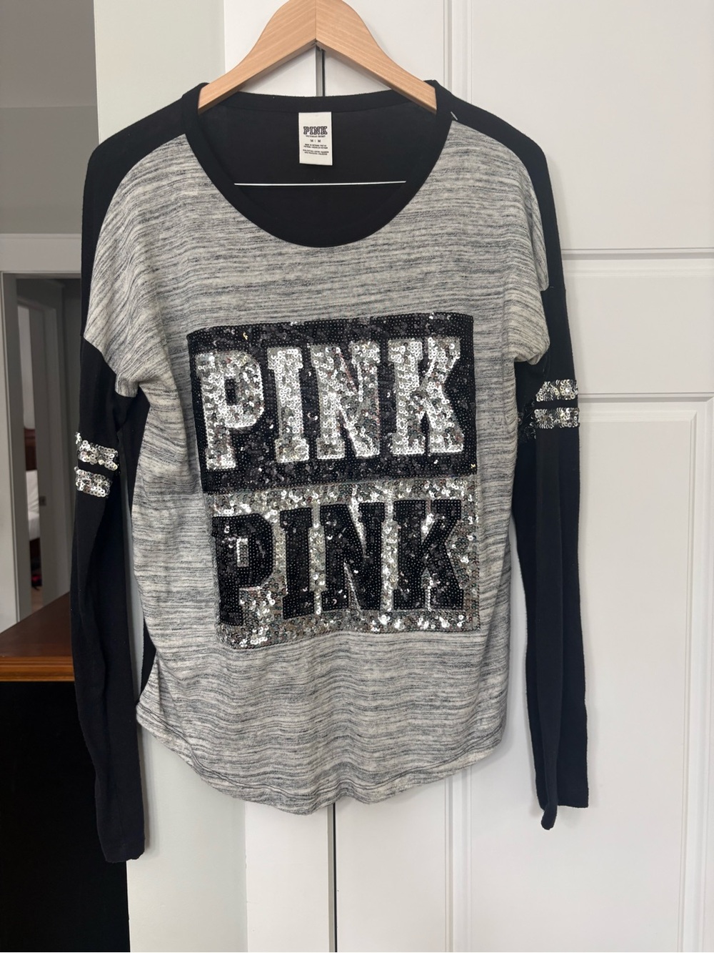 Victoria's Secret PINK Gray Heather & Black Sequin Long Sleeve Tee